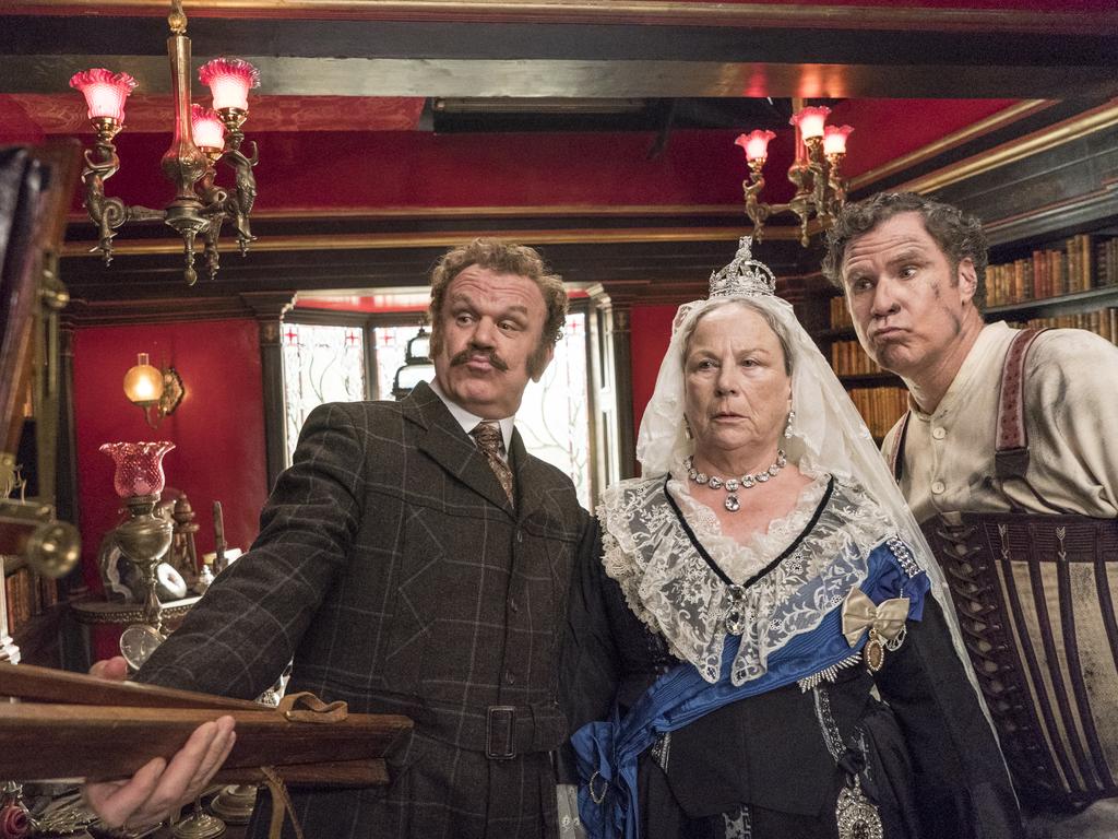 Watson (John C. Reilly), Queen Victoria (Pam Ferris) and Sherlock Holmes (Will Ferrell) in Holmes &amp; Watson. 