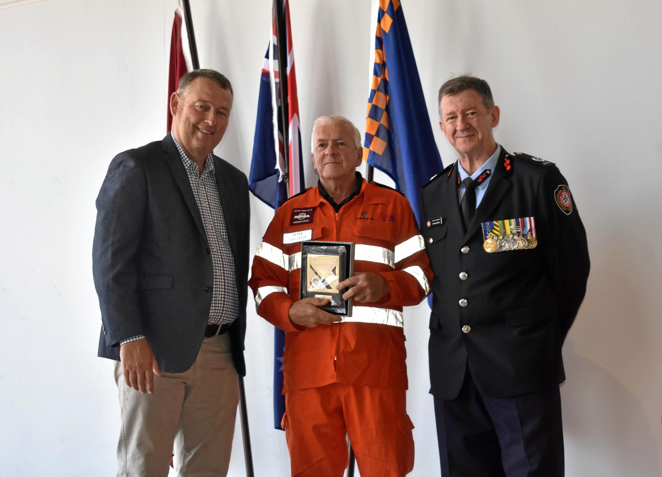 Tyson Golder, Neville Davison of the Tara SES, and Rob Bundy. Picture: Jorja McDonnell