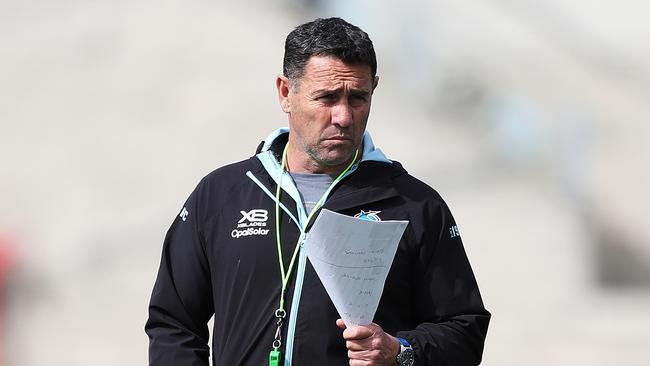 Cronulla coach Shane Flanagan during a Cronulla Sharks training session at Southern Cross Group Stadium, Cronulla ahead of their first finals game against the Roosters. Picture: Brett Costello