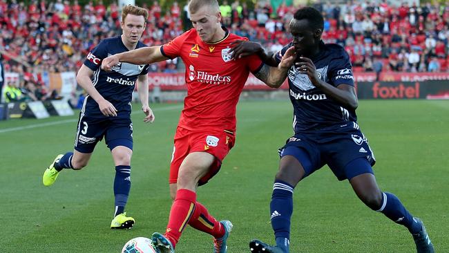 Adelaide United’s leading goal scorer Riley McGree will miss the Reds’ fixture with Newcastle Jets due to a knee injury. Picture: AAP Image/James Elsby