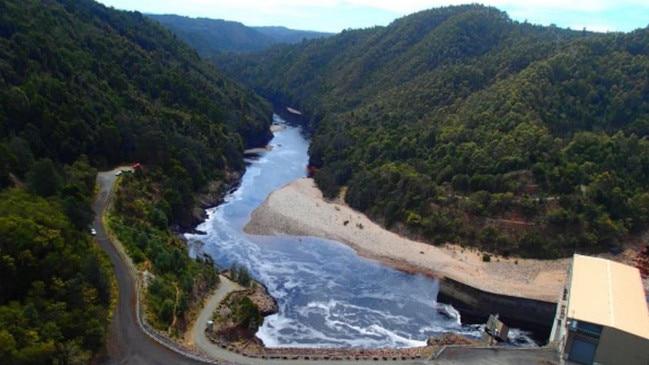 Reece Power Station tailrace and Pieman River below Reece Dam, part of the AnthonyâPieman hydropower scheme in Western Tasmania. Picture: Hydro Tasmania