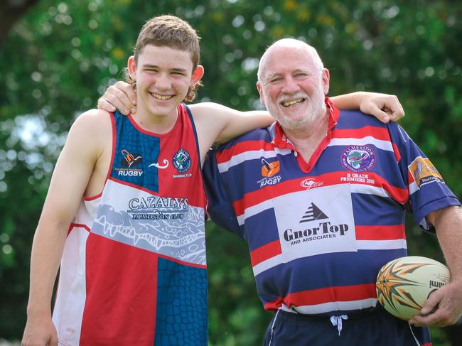 NTRU legend Dennis Bree, 82, is playing in a Grand Final for Palmerston Crocs this Saturday. His 12-year-old grandson Hamish Blake is playing in the club's only other grand final side.Picture Glenn Campbell