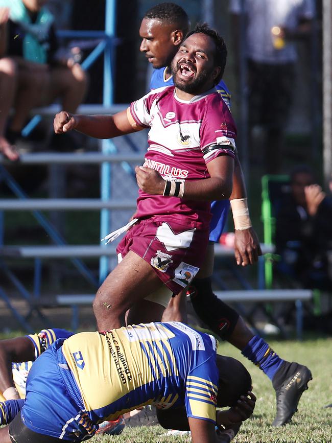 Seahawks' Coleridge Dabah celebrates scoring a try. Picture: Brendan Radke