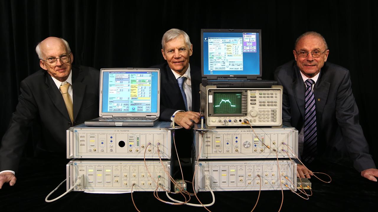 Retired CSIRO scientists Graham Daniels, Terry Percival and John O'Sullivan got us all hooked up with the wireless LAN testbed, which lead to Wi-fi technology. Picture: Kym Smith