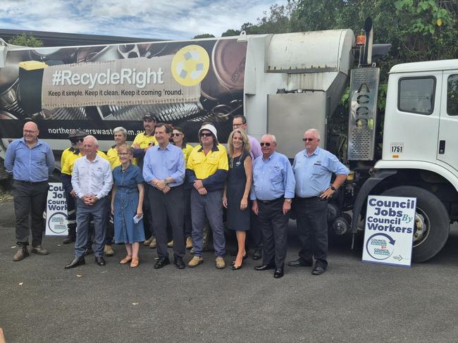 Lismore Mayor Steve Krieg, left, met with Minister for Local Government, Ron Hoenig, Lismore MP Janelle Saffin, Lismore council general manager John Gibbons, United Services Union northern manager Stephen Hughes, and Lismore council waste collection truck drivers for a $5million new funding announcement at the Lismore recycling and recovery centre on Wednesday. Picture: supplied