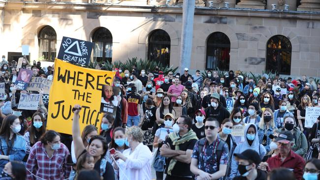 People gather for the Black Lives Matter rally in King George Square on Saturday. Picture: Peter Wallis