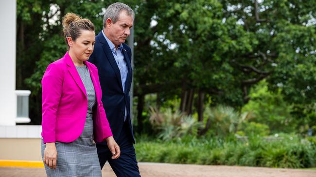 Chief Minister Lia Finocchiaro and Deputy Chief Minister Gerard Maley address the media in the wake of the announcement that NT police Commissioner Michael Murphy had been asked to resign. Picture: Pema Tamang Pakhrin