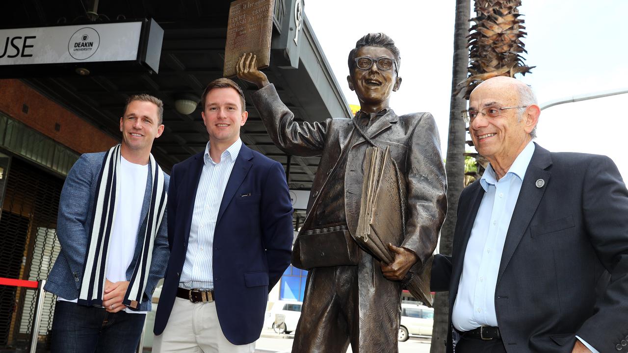 Joel Selwood, Mayor Trent Sullivan and and Robert Costa at the unveiling of the Frank Costa statue in Moorabool St. Picture: Alison Wynd