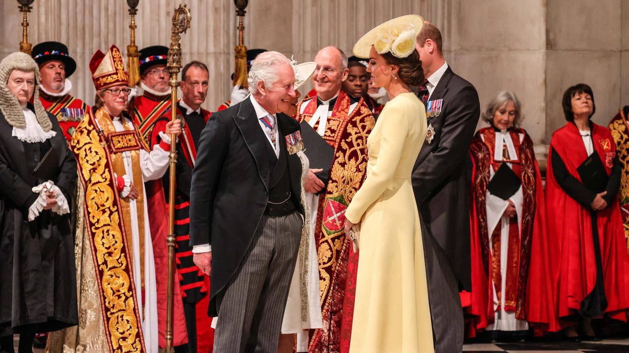 Prince Charles blew a kiss to Catherine, Duchess of Cambridge, at St Paul's cathedral for the service of thanksgiving for the Queen. Picture: Getty Images.