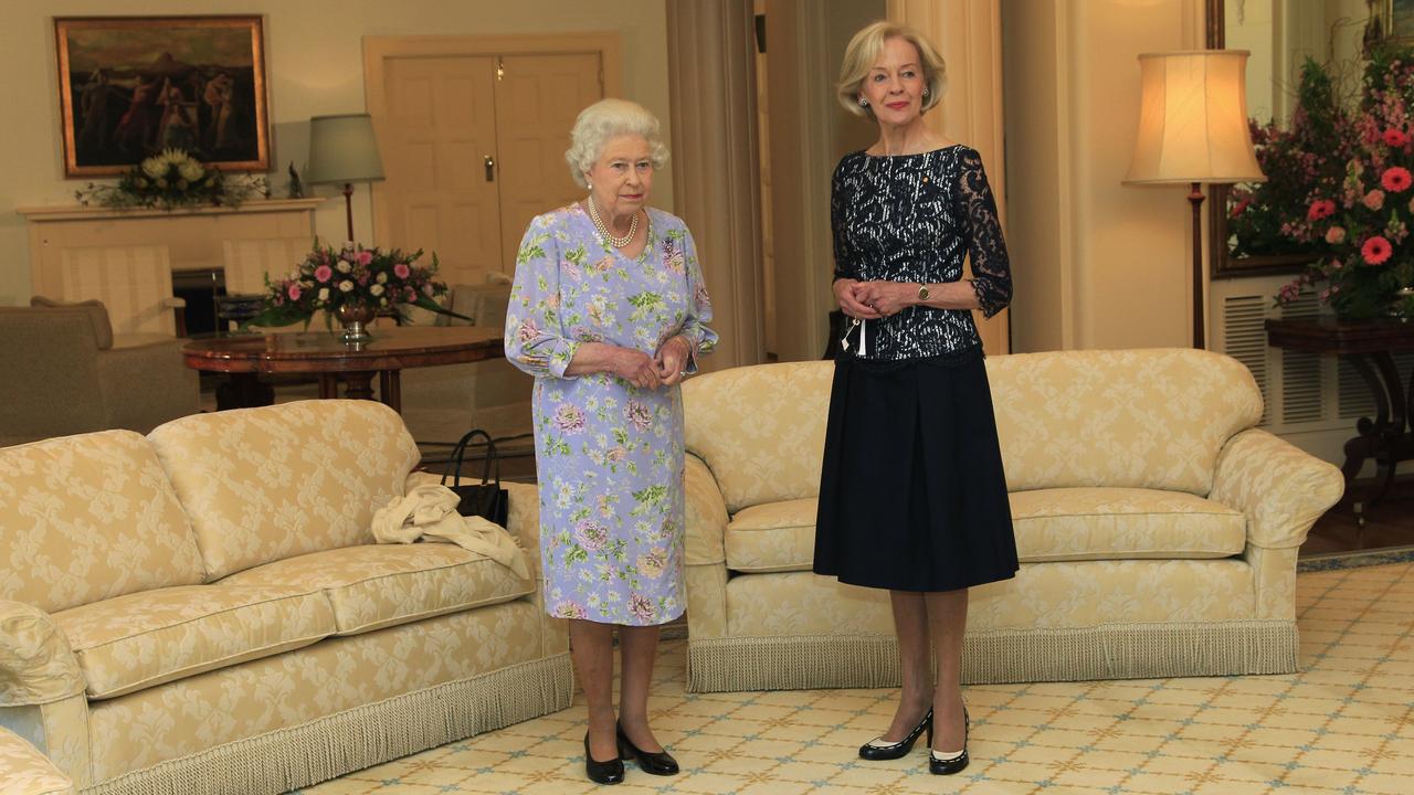 Queen Elizabeth receives Governor-General Quentin Bryce in the drawing room at Government House in Canberra in 2011. Picture: AAP Image/Rick Rycroft