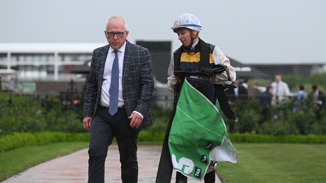 Michael Dee and trainer Mick Price after the Turnbull Stakes. Picture: Vince Caligiuri/Getty Images