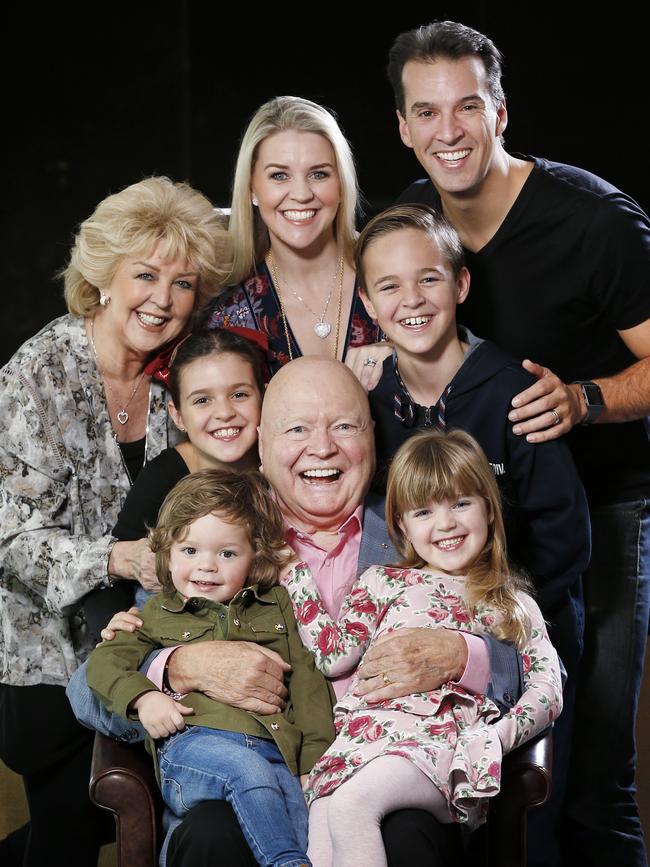 Newton and Patti with daughter Lauren, son-in-law Matt and their children Sam, Monty, Lola and Eva. Picture: David Caird