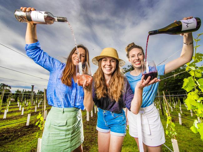 Australians encouraged to buy Australian wines.  Witches Falls Winery in the Scenic Rim Karin Garland, Ren Dalgarno and Kathryn Sowter.Picture: NIGEL HALLETT  ***Ren - 0439339172 ****