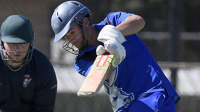 BullaÃs Lachlan Ruff and SunburyÃs Jason King during the GDCA cricket match between Sunbury Kangaroos and Diggers Rest Bulla in Sunbury, Saturday, Feb. 19, 2022. Picture: Andy Brownbill