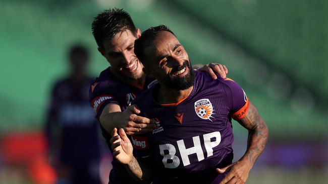 The future of Perth Glory pair Diego Castro (front) and Bruno Fornaroli is unclear. Picture: AAP Image/Gary Day