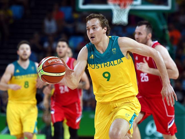 Ryan Broekhoff of Australia in action during the Men's Basketball Semifinal between Australia and Serbia at the Carioca Arena 1, on day fourteen of the Rio 2016 Olympic Games, Friday, Aug. 19, 2016 (AAP Image/Sam Mooy) NO ARCHIVING, EDITORIAL USE ONLY