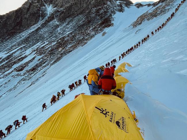 Climbers in the queue as they try for the summit of Mount Everest in 2021. Picture: Lakpa Sherpa/AFP