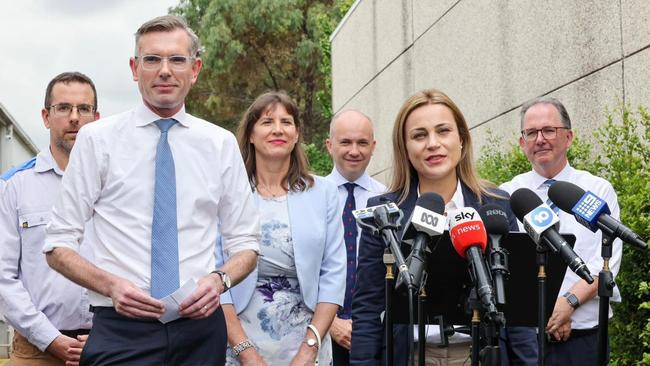 Tina Ayyad with Premier Dominic Perrottet at a press conference while on the hustings. Picture: Facebook