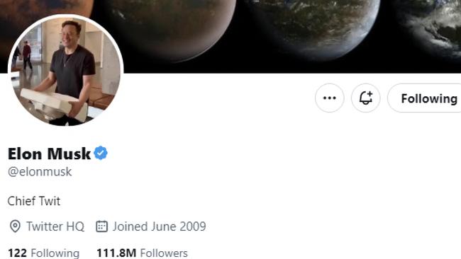 Elon Musk has changed his Twitter profile to read ‘Chief Twit’. Picture: Twitter