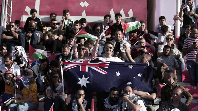 An Australian flag is seen amongst Palestine supporters. Picture: AP