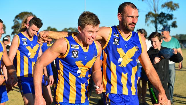 Pictured is action during the Nepean Football Netball League seniors Preliminary Final of Australian Rules Football between Somerville (blue and yellow with blue shorts) versus Sorrento (red and white with red shorts) at Bunguyan Reserve in Tyabb. Picture: Derrick den Hollander