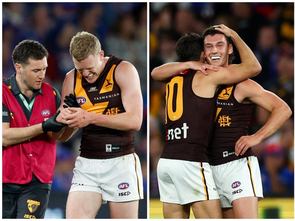 Hawthorn captain James Sicily in the care of trainers / and Connor Macdonald celebrates a goal.
