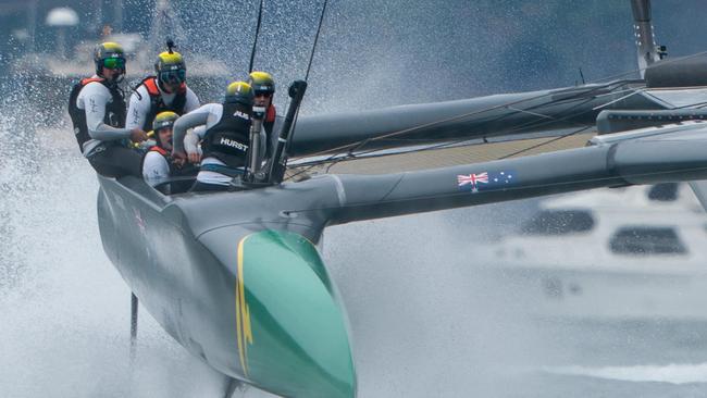 Ky Hurst racing with the Australian team on the SailGP circuit.