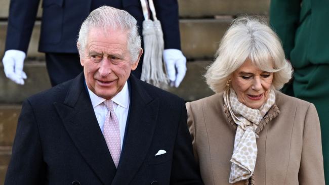 Britain's King Charles III and Britain's Camilla, Queen Consort leave after visiting Bolton Town Hall in Bolton, north west England on January 20, 2023, where they met with representatives from the community. Picture: Oli Scarff/AFP