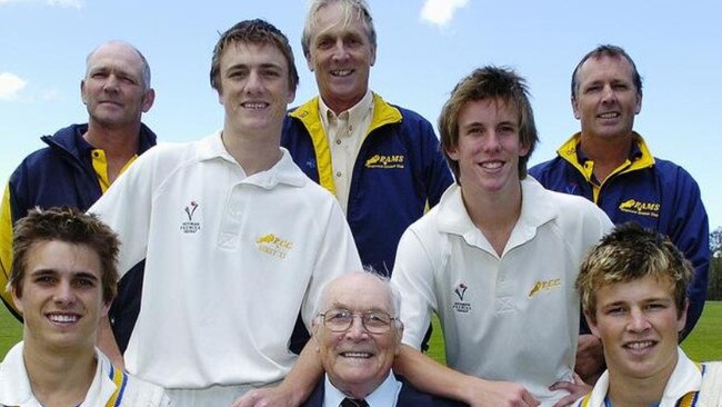 Norm (front, centre) with grandsons Matthew and Daniel (front) Michael and David (second row) and sons Robin, Chris and Noel in 2006. Picture: LAWRENCE PINDER