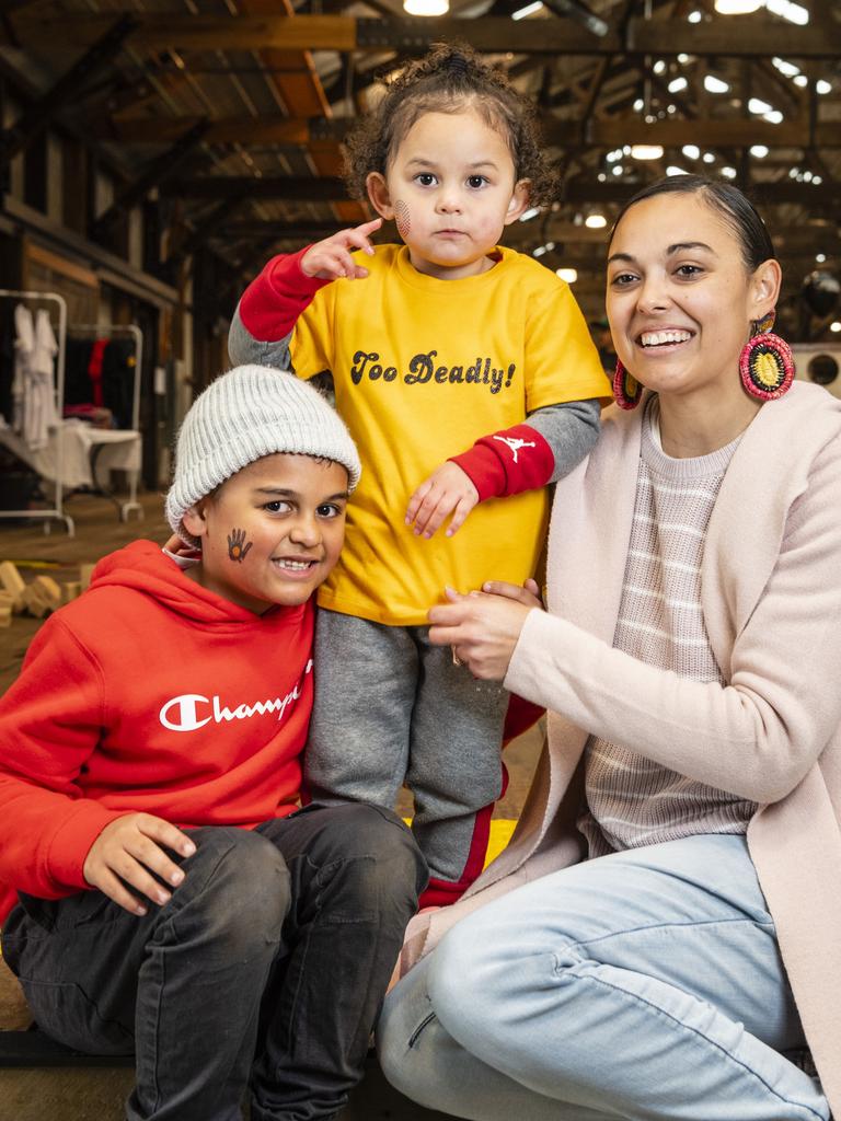 Saxon and Isla-Grace Bartlett with mum Tia McKenna at the Toowoomba NAIDOC Week celebrations at The Goods Shed, Monday, July 4, 2022. Picture: Kevin Farmer