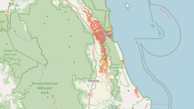 Red and orange zones farther south than Cairns.