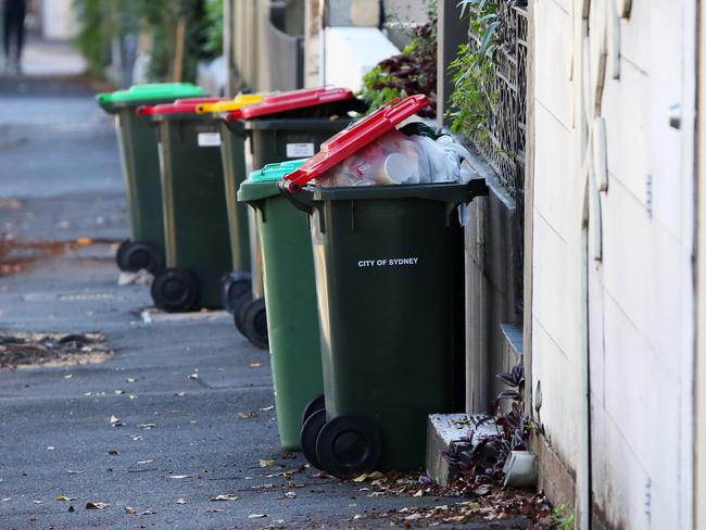 Uncollected bins at Forest Lodge in Sydney. Picture: Richard Dobson