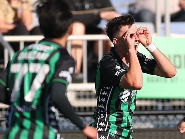 Noah Botic celebrates one of his two strikes. Photo: Getty Images.