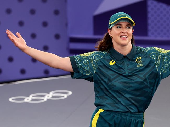 PARIS, FRANCE - AUGUST 09: B-Girl Raygun of Team Australia reacts during the B-Girls Round Robin - Group B on day fourteen of the Olympic Games Paris 2024 at Place de la Concorde on August 09, 2024 in Paris, France. (Photo by Ezra Shaw/Getty Images)