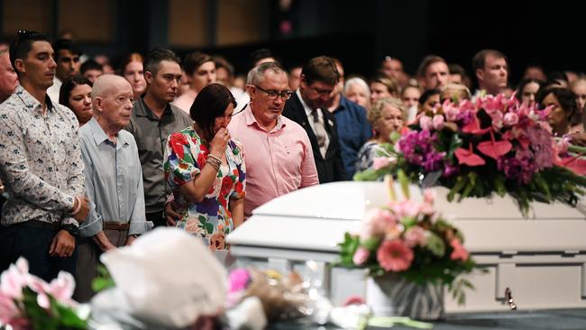 Hannah Clarke's family, from left, brother Nat, her grandfather and parents Suzanne and Lloyd at the funeral for Hannah and her three children Aaliyah, Laianah and Trey. Picture: AAP