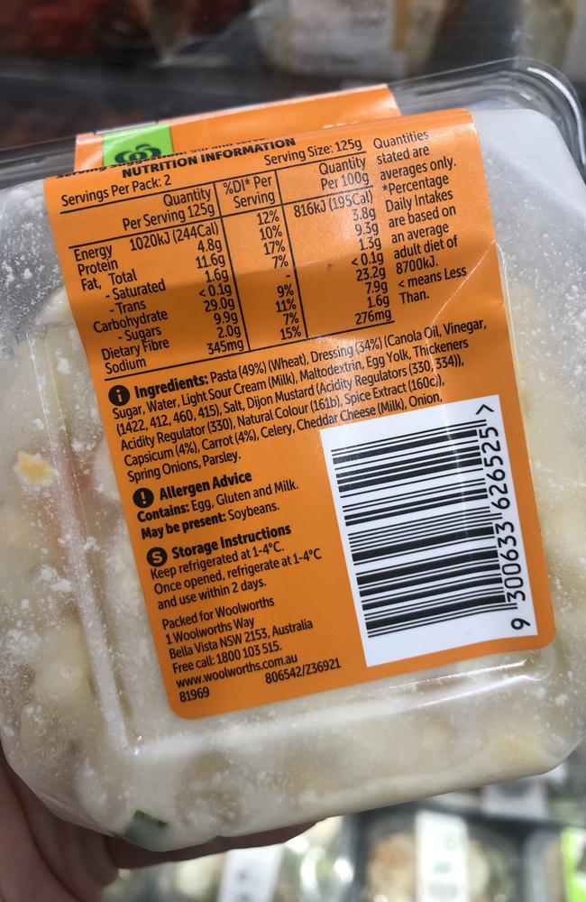 Woolworths doesn’t reveal what is in the pasta salad online, saying the recipe varies by state. Picture: news.com.au