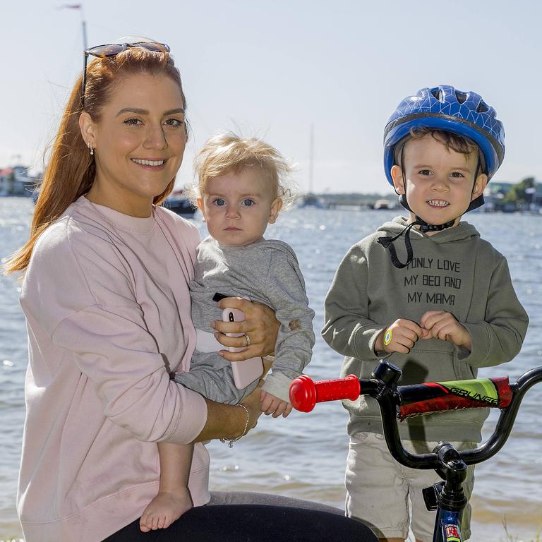 <p>Faces of the Gold Coast at Paradise Point. Ashlee Salmi, Emmett Salmi, 1, and Cohan Salmi, 3. Picture: Jerad Williams</p>