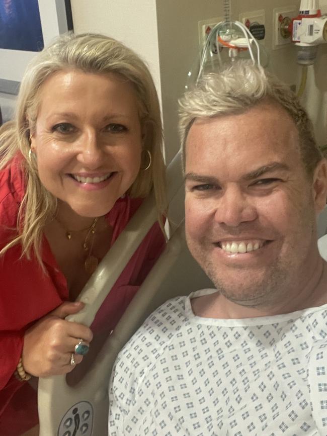 Channel 10 entertainment reporter Angela Bishop with Matt Gilbertson in London Bridge Hospital. Picture: Supplied