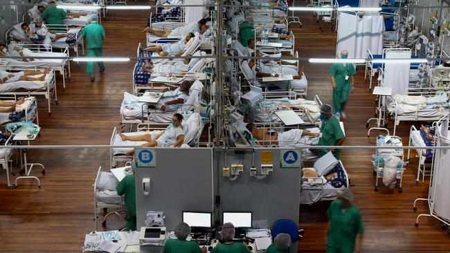 Coronavirus patients at a field hospital set up at a sports gym, in Santo Andre, Brazil. Picture: AFP