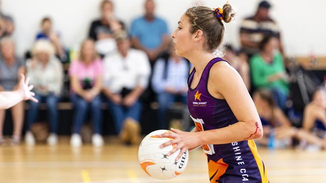 Ava Guthrie of Sunshine Coast against Darling Downs in Queensland School Sport 13-15 Years Girls Netball Championships at The Clive Berghofer Sports Centre, The Glennie School, Friday, May 6, 2022. Picture: Kevin Farmer