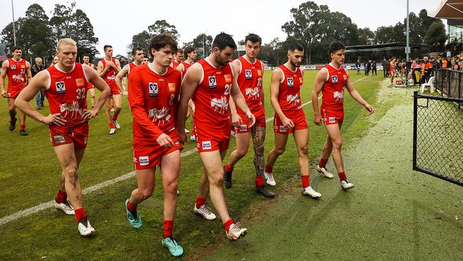 Bullants players look deflated after their 144 point loss to Werribee. Picture: Ian Currie