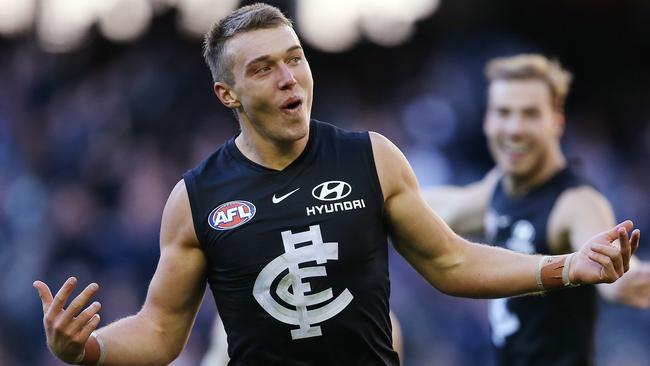 Patrick Cripps celebrates a goal in the last quarter. Picture: Michael Klein