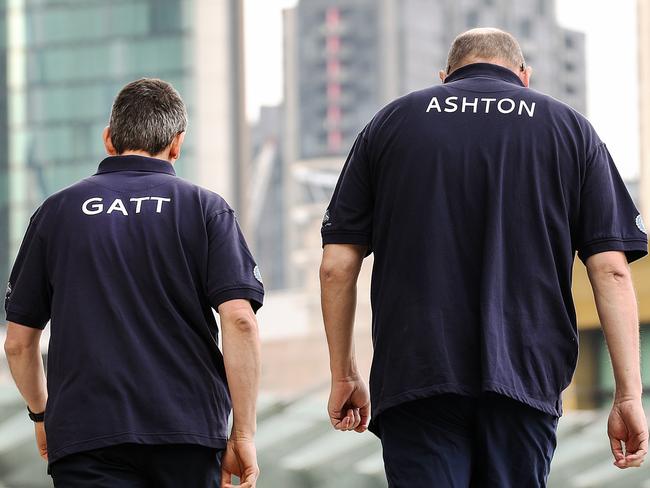 Police Chief Commissioner Graham Ashton and Police Association Secretary Wayne Gatt walk along the Yarra in preparation for their walk. Picture: Ian Currie