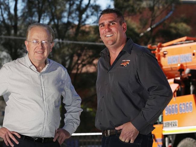 Kingsford Smith Liberal candidate Michael Feneley talks to owner of Botany Cranes Damian Griffiths about the government's business tax policy. Picture: Danny Aarons