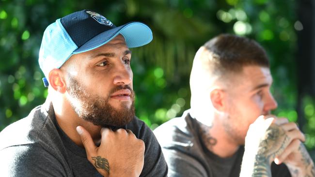 NSW Blues State of Origin players Blake Ferguson (left) and Josh Dugan talk at a breakfast before a media call in Sydney on Tuesday, May 23, 2017. The Blues will play the Queensland Maroons in the first match of the three game series in Brisbane on May 31. (AAP Image/Paul Miller) NO ARCHIVING