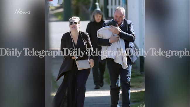 EXCLUSIVE: Barnaby Joyce and Vikki Campion share a kiss before taking new baby for a walk today.