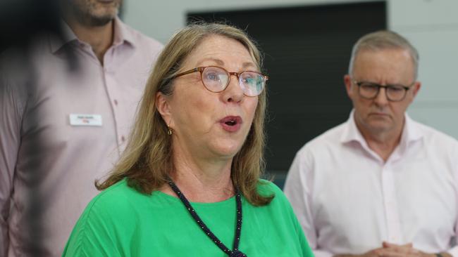 Infrastructure Minister Catherine King attends a press conference at the PCYC Cairns alongside Prime Minister Anthony Albanese on Tuesday, January 7, 2025. Picture: Samuel Davis