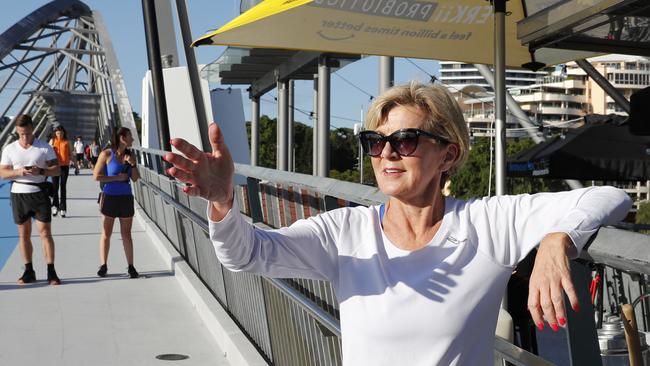 Foreign Affairs minister Julie Bishop stops for a coffee on Brisbane’s Goodwill Bridge. Picture: AAP Image/Regi Varghese