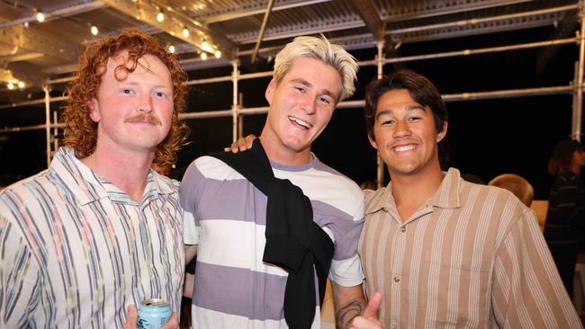 Graham Bell, Koda Killorn and Jackson Bunch at the WSL Gold Coast Pro 2025 after party at Burleigh Pavilion for Gold Coast at Large. Picture, Portia Large.