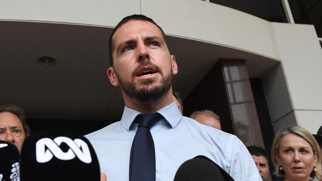 Zachary Rolfe addressing the media after he is found not guilty of murdering Kumanjayi Walker. Picture: (A)manda Parkinson